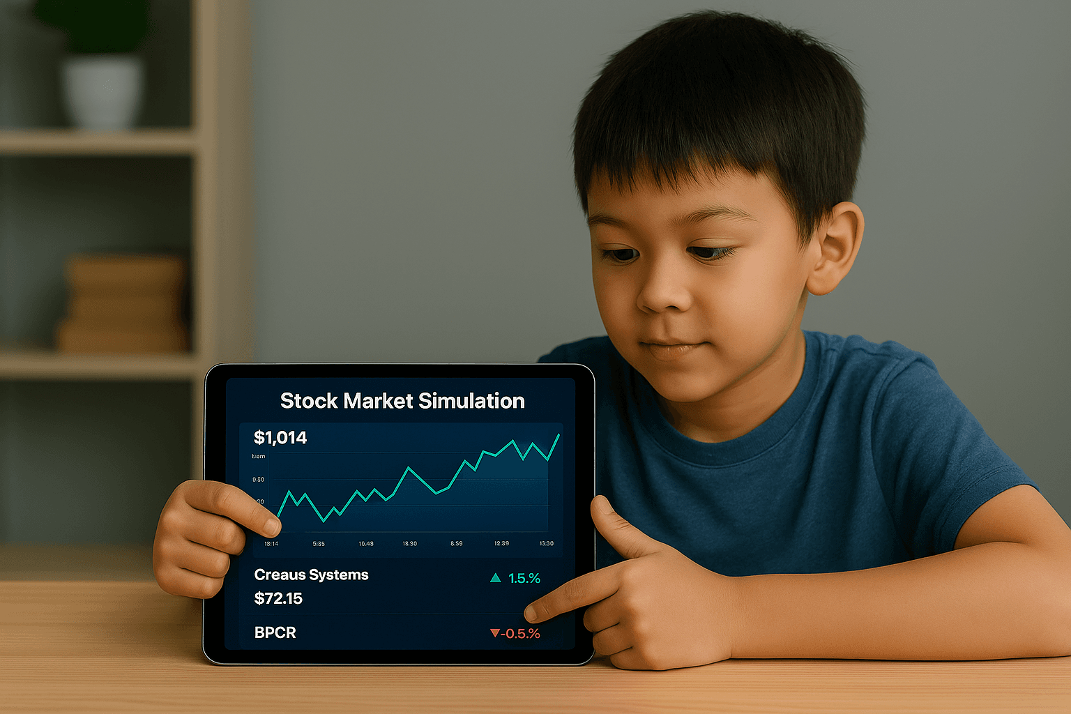 A fictional-market chart open on a tablet